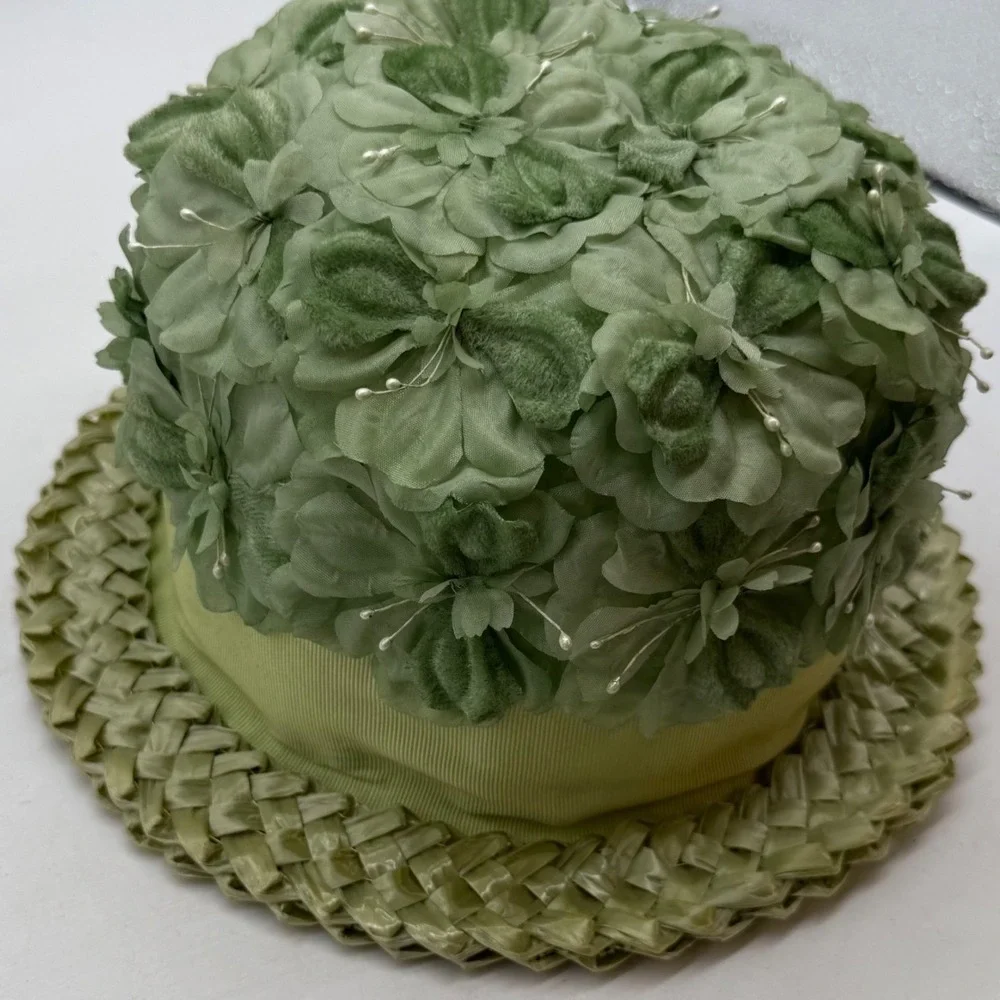 VTG Wilk's Green Floral Straw Pillbox Hat Original Box Mid Century union 50s 60s